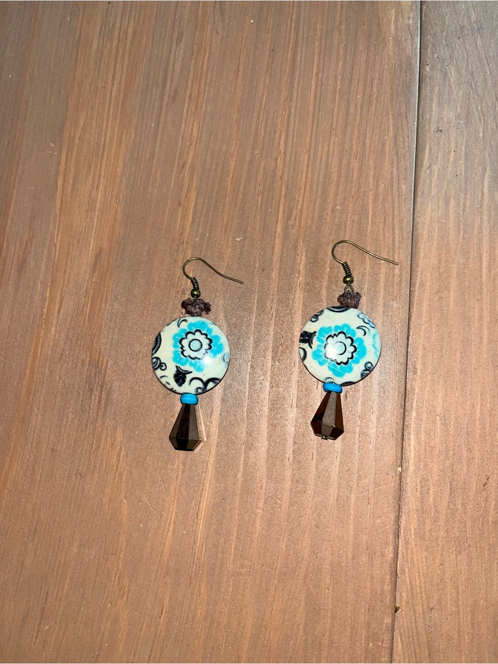 Pyrite earrings with ceramic handmade bead earrings ooak vintage bohemian flower